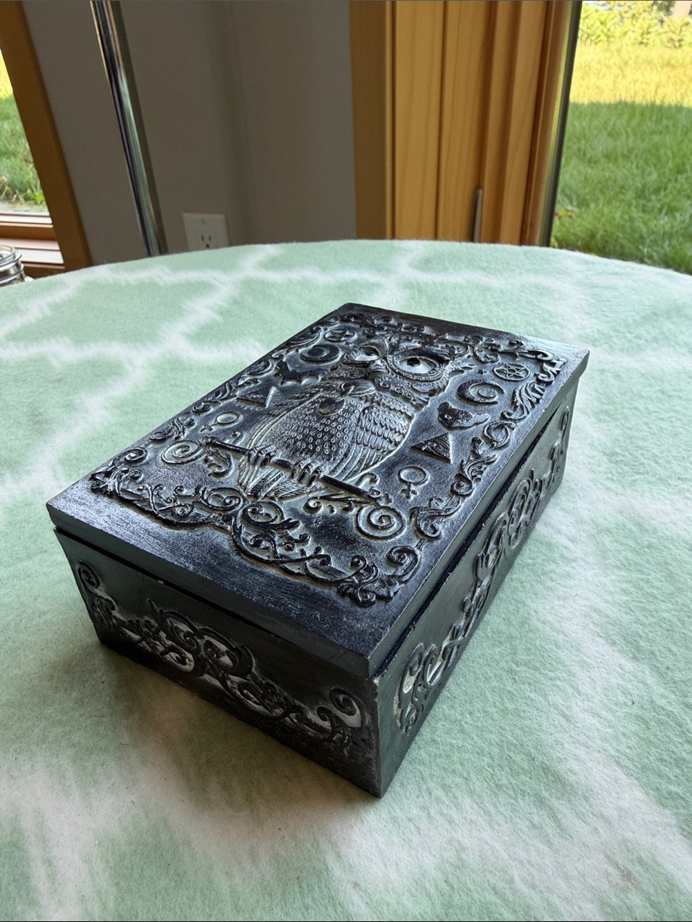 Ornate Owl Carved Raised High Relief Resin Jewelry or Trinket Box - Black